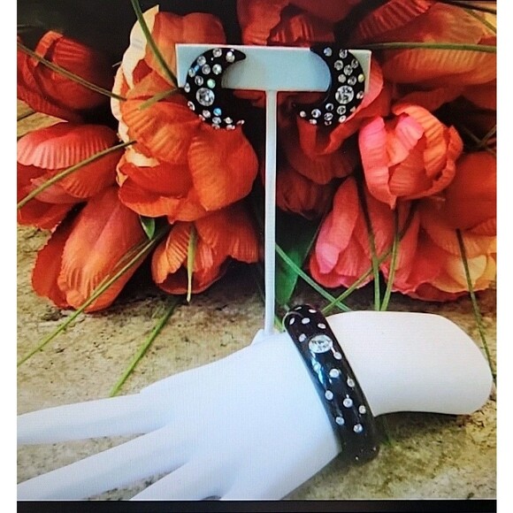 Rare Vintage Black Bangle Cuff Crescent Moon Clip Earrings Set AB Rhinestones - Picture 6 of 11